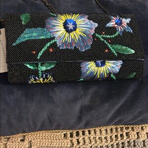 Anthropologie Black Clutch with Floral Embroidery